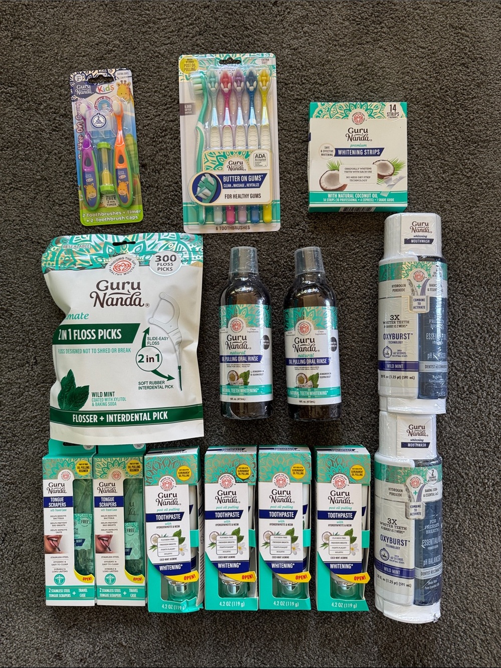 Guru Nanda 16pc Bundle Toothpaste, Mouthwash, Floss Pick, Oral Rinse, Toothbrush